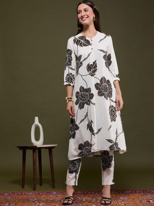 FASHOR Floral Printed A-Line Flared Co-ord Set