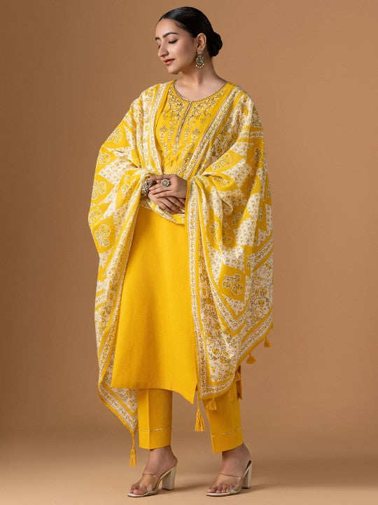 WOMEN PLUS Plus Size Floral Yoke Design Pure Cotton Kurta With Trouser & Dupatta