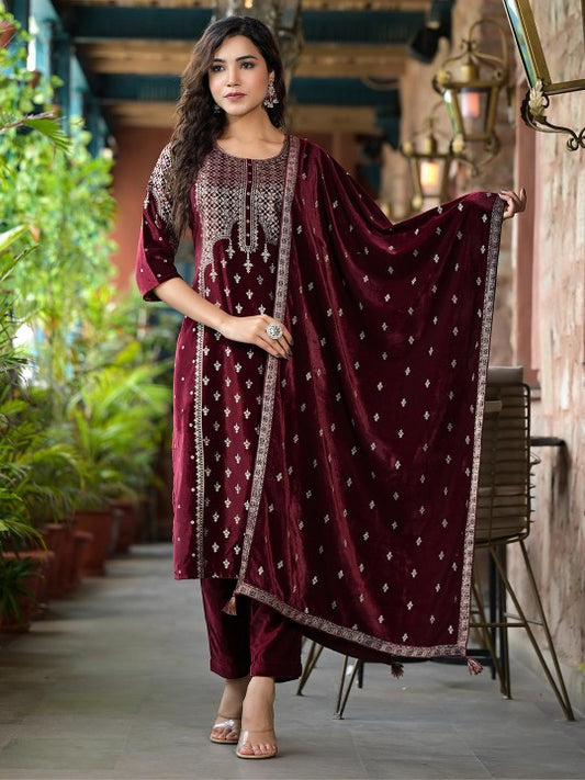 Floral Printed Velvet Straight Kurta
