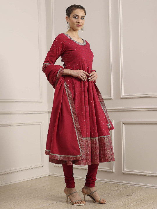 Biba Ethnic Motifs Printed Mirror Work Pure Cotton Kurta With Churidar & Dupatta