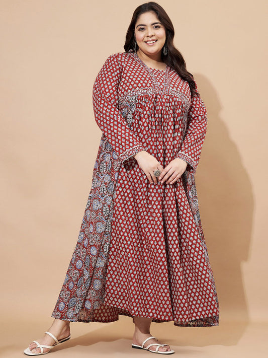 Vbuyz Plus Floral Printed Square Neck Cotton Maxi Ethinic Dress