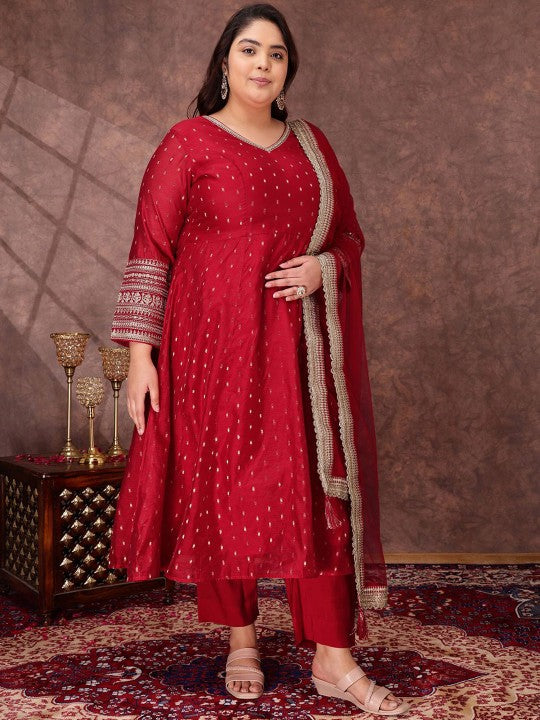 INDDUS PLUS Woven Design V Neck A Line Chanderi Silk Kurta