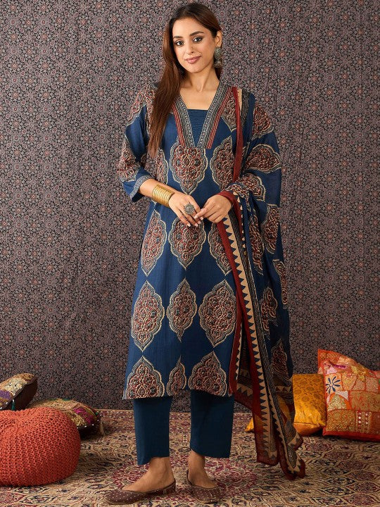 Indo Era Women Ajrakh Printed Straight Kurta Trousers With Dupatta Set
