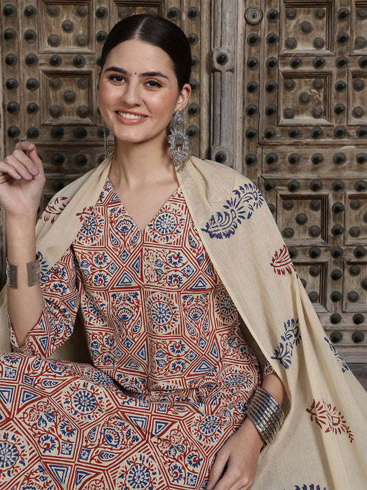 Taavi Ethnic Motifs Printed Bagru Straight Kurta with Trouser & Dupatta