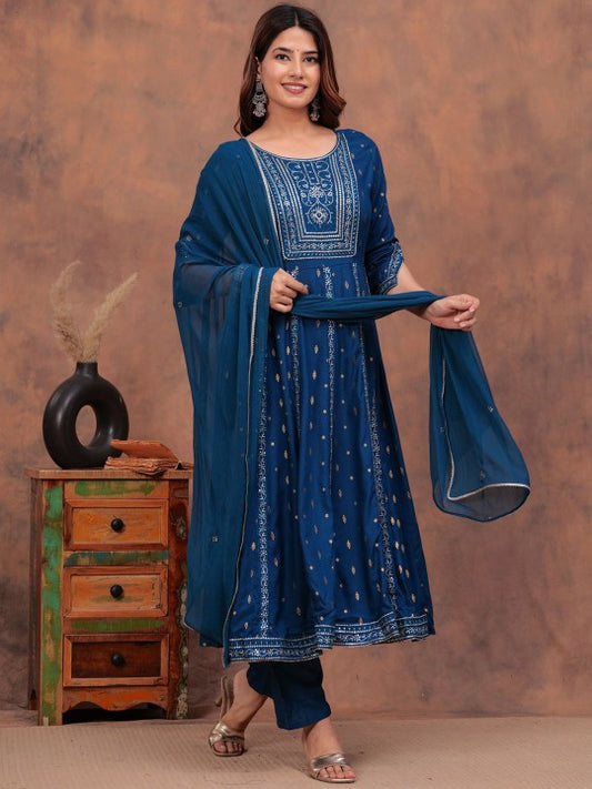 TOULIN Floral Printed Zari Anarkali Kurta With Palazzos & Dupatta