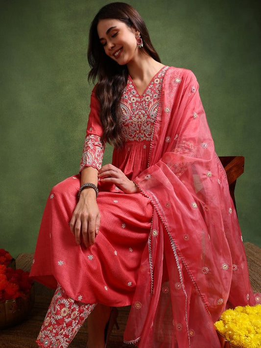 AHIKA Pink Paisley Embroidered Empire Thread Work Kurta