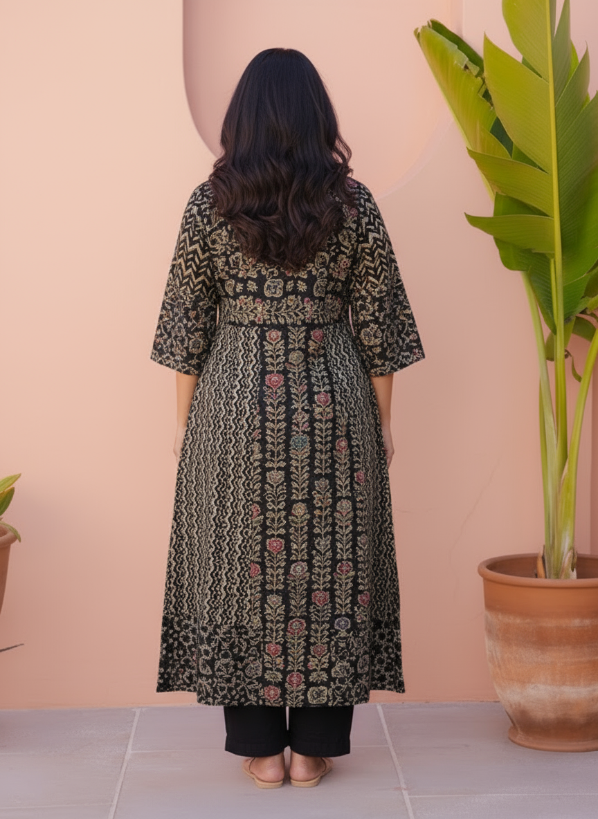 Embroidered Viscose Geometric Straight Black Kurta