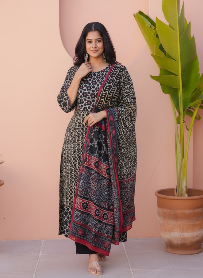 Embroidered Viscose Geometric Straight Black Kurta
