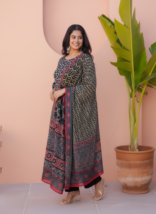 Embroidered Viscose Geometric Straight Black Kurta