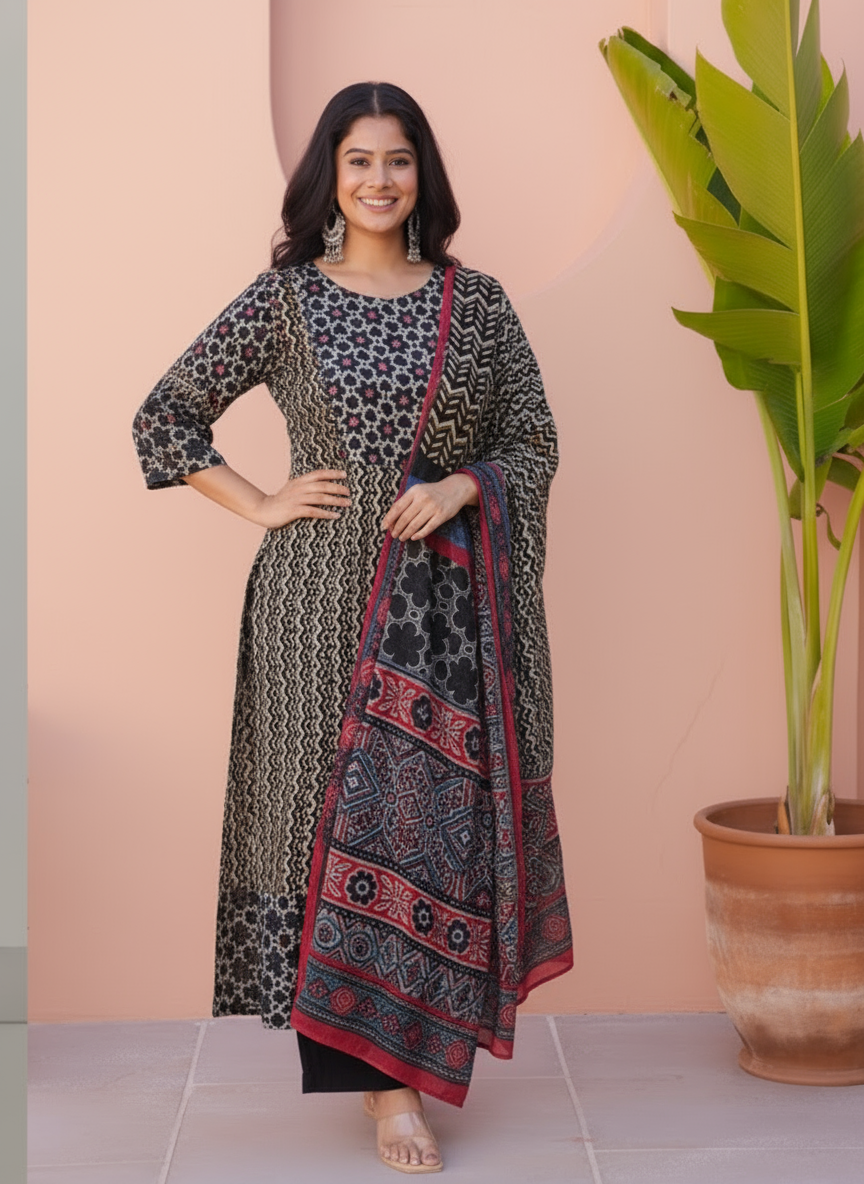 Embroidered Viscose Geometric Straight Black Kurta