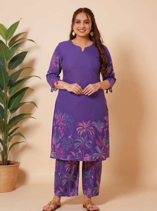 Soft Cotton Placement Print Straight Purple Kurta