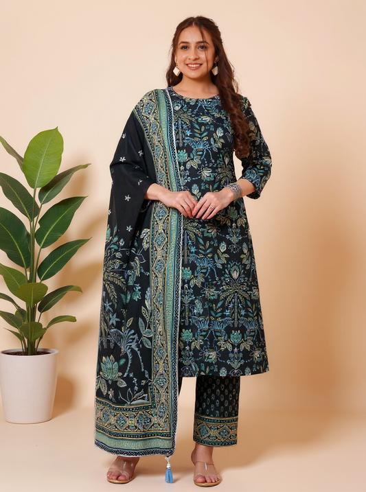 Embroidered Soft Cotton Floral Straight Black Kurta