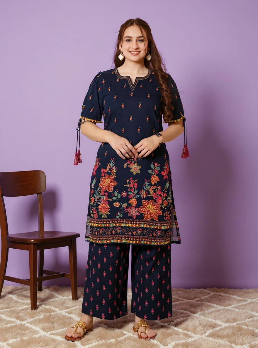 Embroidered Viscose Floral Straight Black Kurta