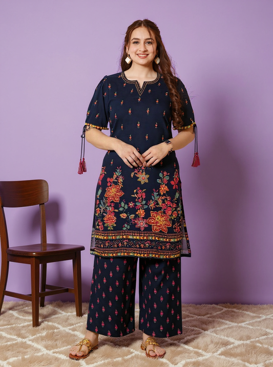 Embroidered Viscose Floral Straight Black Kurta