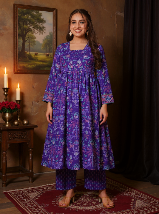Embroidered Soft Cotton Floral Anarkali Purple Kurta