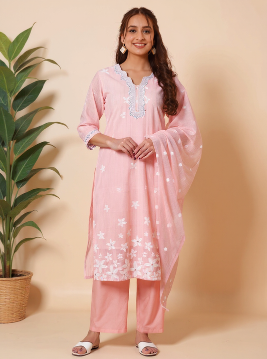 Embroidered Chanderi Floral Straight Peach Kurta