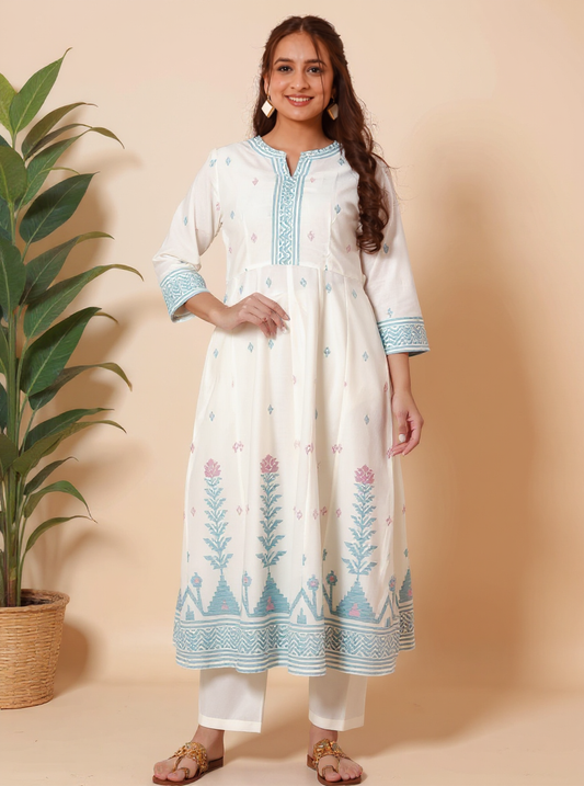 Soft Cotton Geometric Angrakha Off White Kurta
