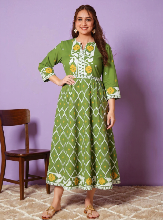 Soft Cotton Geometric Flared Green Dress