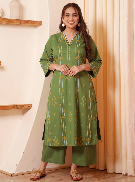 Soft Cotton Geometric A-line Green Kurta