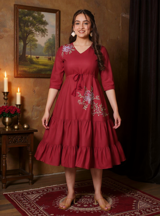 Embroidered Blend Cotton Solid A-line Maroon Dress