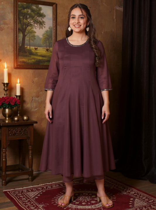 Embroidered Cotton Voile Solid Anarkali Brown Kurta