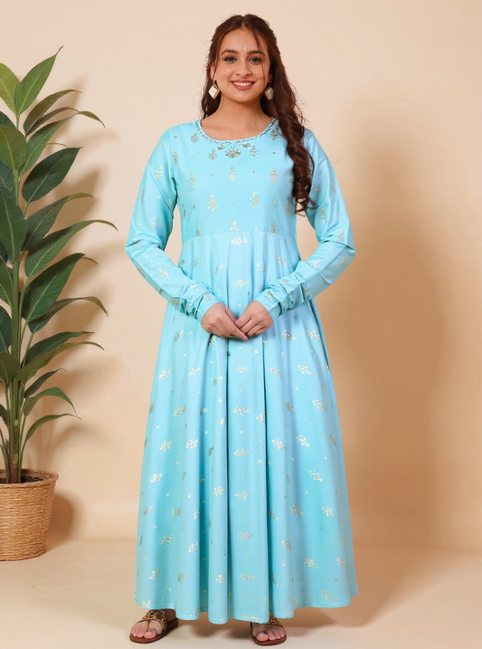 Embroidered Roman silk Gold foil Anarkali Green Kurta