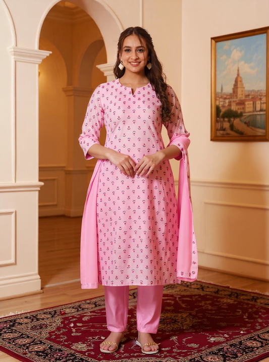Chanderi Floral Straight Baby Pink Kurta