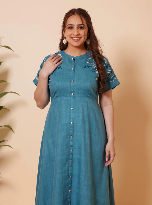 Embroidered Linen Blend Solid A-line Teal Dress