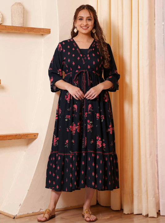 Viscose Floral Gathered Black Dress