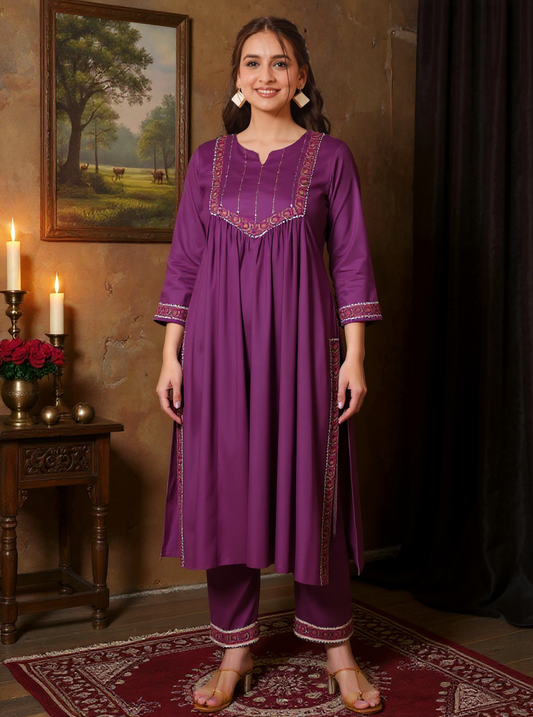 Viscose Solid Flared Mauve Kurta