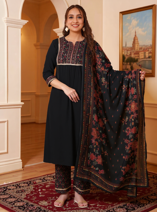 Viscose Solid Flared Black Kurta