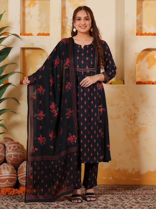 Embroidered Viscose Floral Flared Black Kurta
