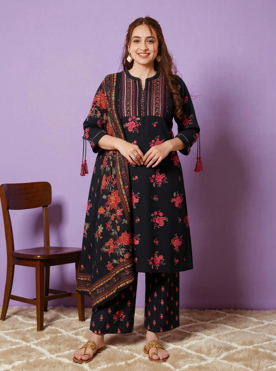 Embroidered Viscose Floral Straight Black Kurta