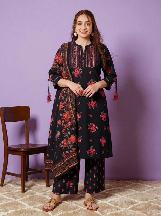 Embroidered Viscose Floral Straight Black Kurta