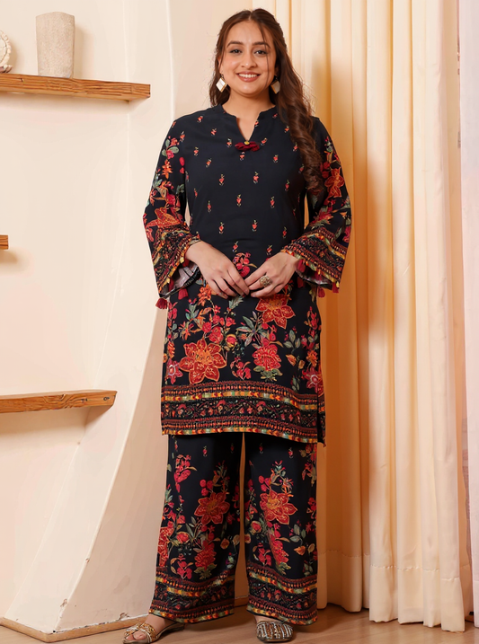 Viscose Placement Print Straight Black Kurta