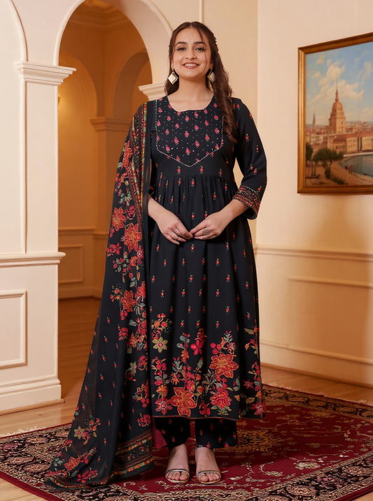 Viscose Floral Flared Black Kurta