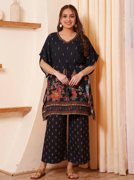 Viscose Floral Kaftan Black Kurta
