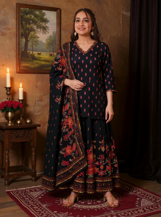 Viscose Placement Print Straight Black Kurta