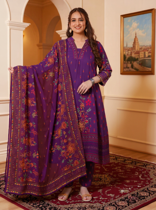 Embroidered Viscose Floral Flared Mauve Kurta