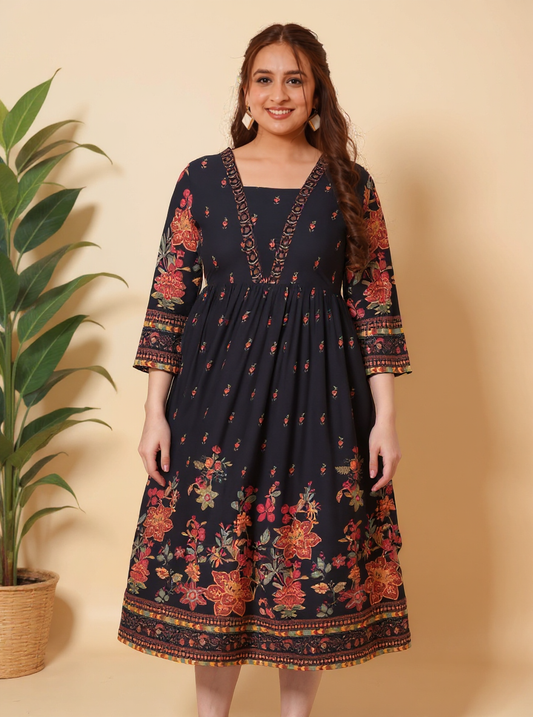Viscose Placement Print Flared Black Dress