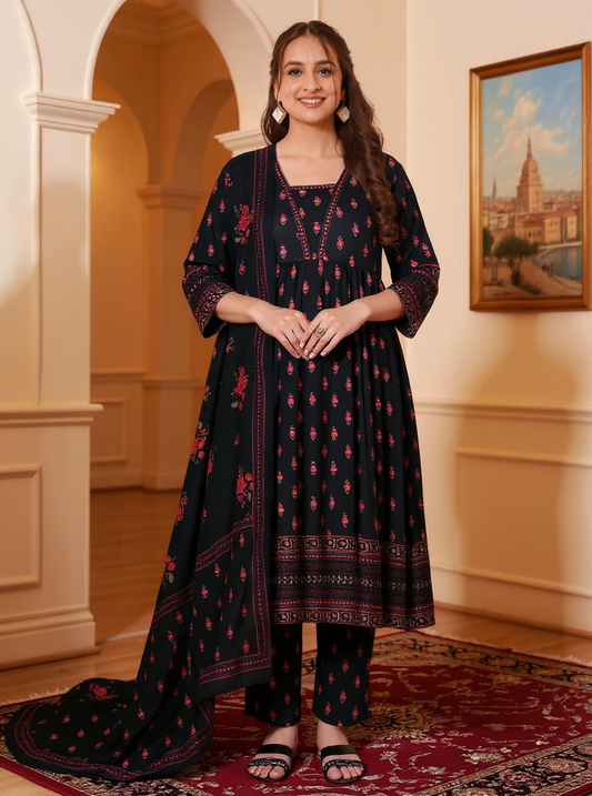 Viscose Floral Anarkali Black Kurta