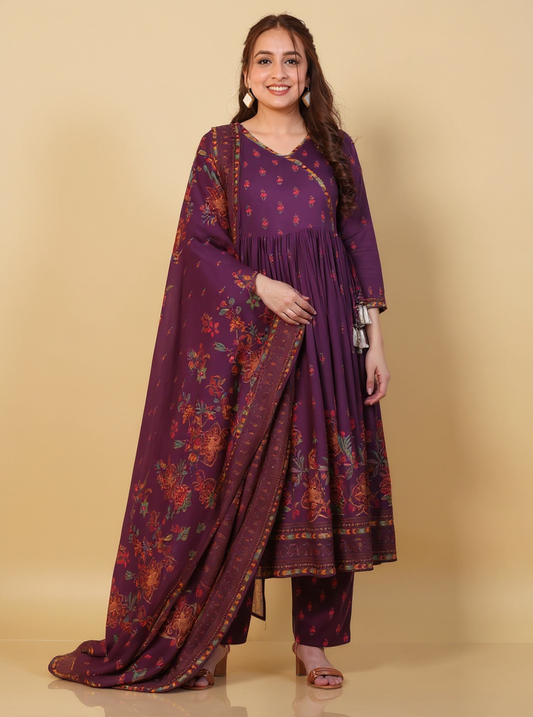 Embroidered Viscose Placement Print Angrakha Mauve Kurta