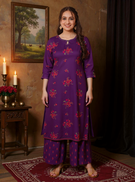 Embroidered Viscose Floral Straight Mauve Kurta