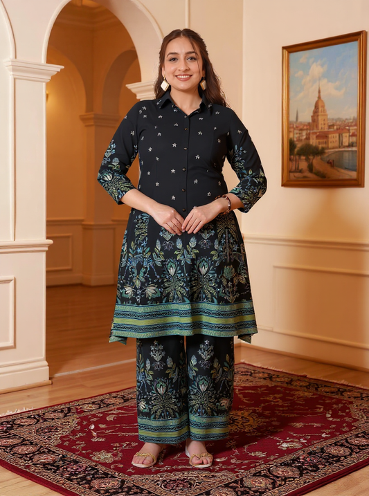 Soft Cotton Placement Print High Low Black Kurta