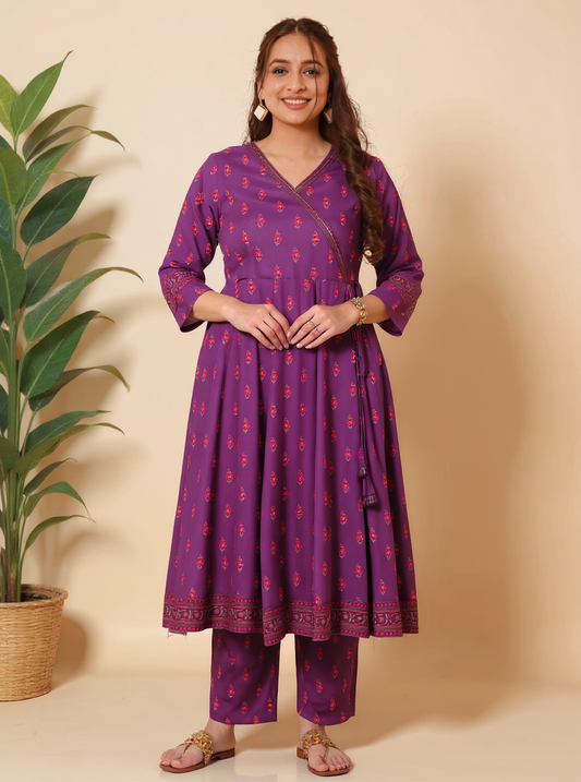 Embroidered Viscose Floral Angrakha Purple Kurta