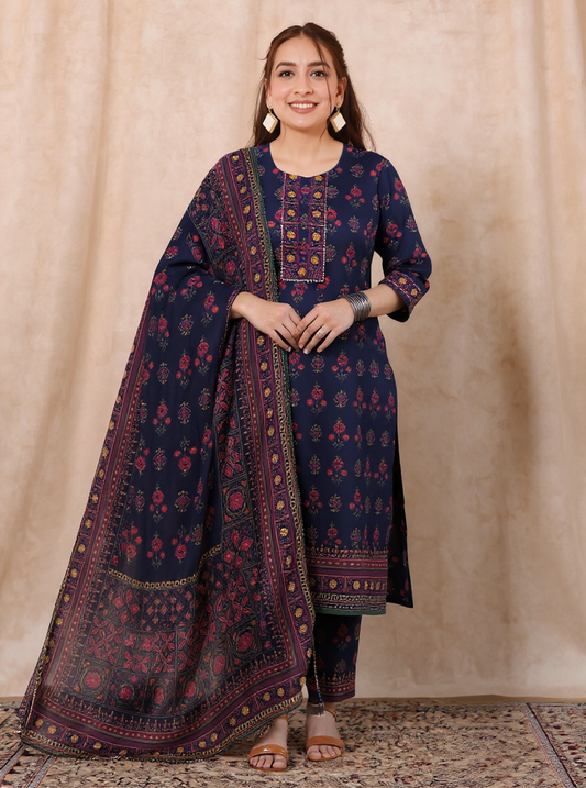 Soft Cotton Floral Straight Blue Kurta