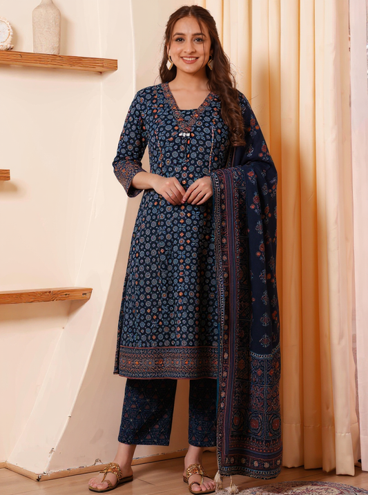 Soft Cotton Geometric Flared Black Kurta