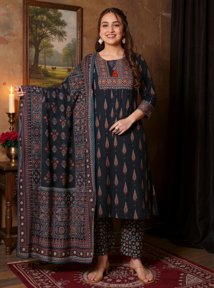 Soft Cotton Geometric Flared Black Kurta