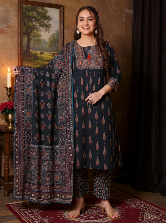 Soft Cotton Geometric Flared Black Kurta