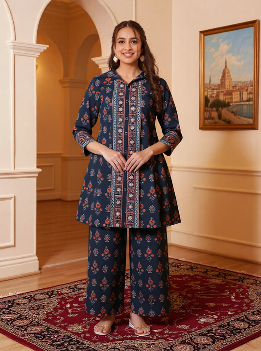 Soft Cotton Floral High Low Black Kurta